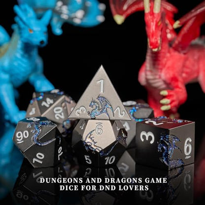 Glitter Blue Dragon Metal Dice Set,7 PCS Heavy Zinc Alloy DND Dice with Magnetic Gift Box for Tabletop RPG & D&D Games (Glitter Blue Dragon) - color: Black With Glitter Blue