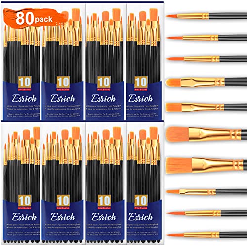 ESRICH Acrylic Paint Brushes Set,8Packs /80 Pcs Black Nylon Paintbrushes, Suitable for Acrylic Oil Watercolor Rock Body Face Nail Art,Perfect Suit of Art Painting, Best Gift for Kids Adult Drawing - color: Black, size: 80