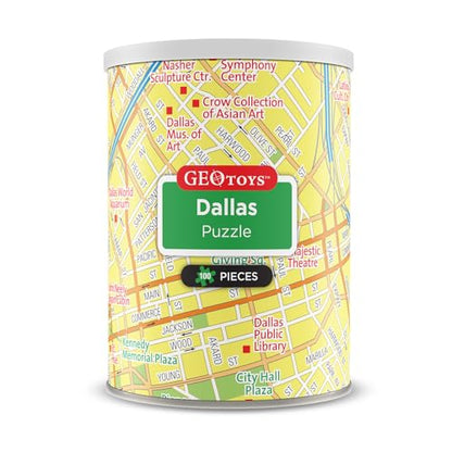 Geotoys Dallas Mini City Puzzle - 100 Piece Puzzles for Kids and Adults in Portable Can, 13" x 10" Educational Travel Puzzle for Ages 7 and Up - Mini Puzzles to Learn & Explore Geography - style: Dallas