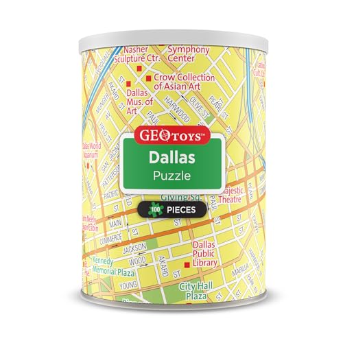 Geotoys Dallas Mini City Puzzle - 100 Piece Puzzles for Kids and Adults in Portable Can, 13" x 10" Educational Travel Puzzle for Ages 7 and Up - Mini Puzzles to Learn & Explore Geography - style: Dallas