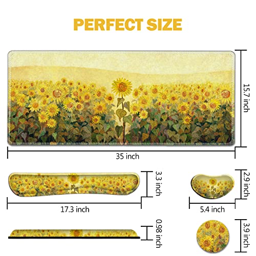AIMSA Keyboard Mouse Pad Wrist Rest, Extended Gaming Mouse Pad +Wrist Support, Ergonomic Memory Foam,XXL Large Mousepad, 4Pcs (35×15.7 in) Desk Mat, Sunflower Oil Painting - color: Sunflower Oil Painting