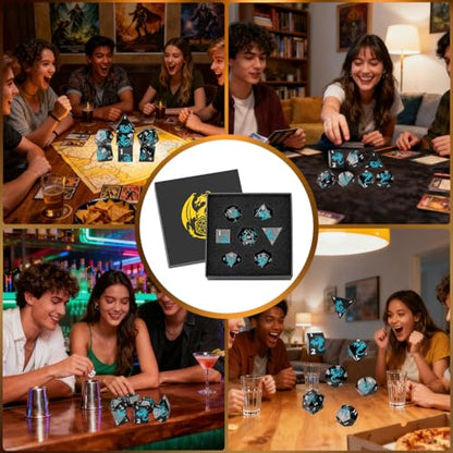 Metal Dice Set, Flat Face Black Blue Dragon Pattern, 7pcs Polyhedral Metal DND Dice Set, DND Starter Set, D&D Gifts with Gift Box, Role Playing Board Games Accessories, Black - color: Black +Blue
