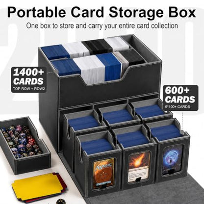 MTG Deck Box for Commander & TCG, Trading Card Storage Box with Handle | 7-in-1 Cards Deck Case with dual-sided windows, 2-layer design, 6 deck case, 1 dice tray, 6 magnetic holders & accessories - color: Super Large - Black