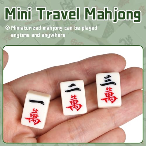 Portable Chinese Mahjong Set with 144 Mini Tiles, Travel Mahjong Game Set with 4 Clear Racks, 2 Dice & Spare Tiles, Compact Mahjong Board Game for Family, Outdoor Travel Gift (Ivory)