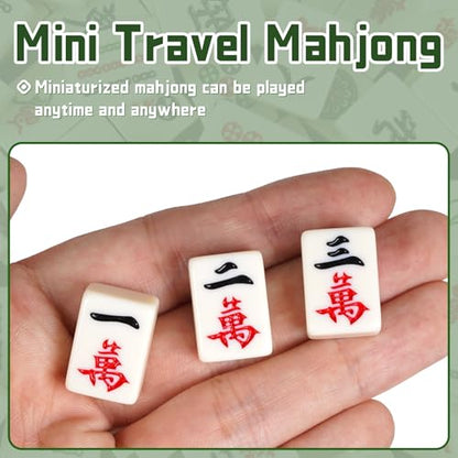Portable Chinese Mahjong Set with 144 Mini Tiles, Travel Mahjong Game Set with 4 Clear Racks, 2 Dice & Spare Tiles, Compact Mahjong Board Game for Family, Outdoor Travel Gift (Ivory)