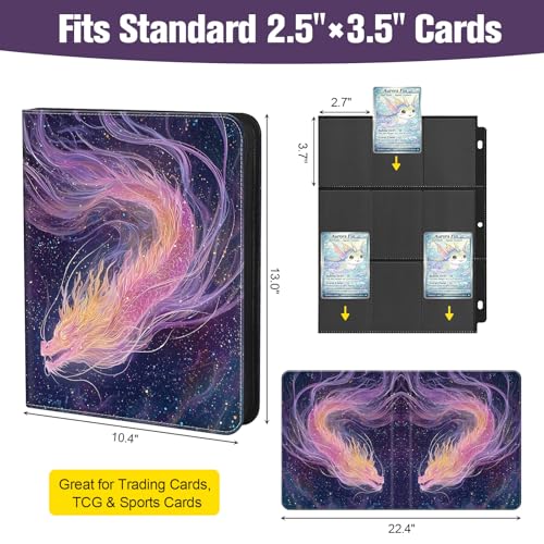 Trading Card Binder 900 Slots, 3-Ring Refillable 9-Pocket Album, 50 Top-Loading Pages, Zippered Case with Strap, Acid-Free PVC-Free, Fits 2.5 x 3.5 in Cards, TCG - color: Nebula Dragon - 2