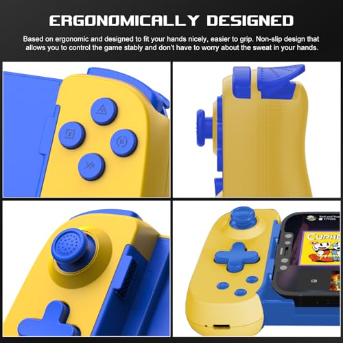 arVin Wireless Game Controller for iPhone 15/15 Plus/15 Pro/15 Pro Max/14/13/12/iPad/Android/Samsung Galaxy 23/22/21/Tablet/Switch/PS4/PC Gamepad with Hall Effect Joystick/Turbo/6-Axis Gyro/Vibration - color: Yellow&Blue, size: Standard Version(D6)