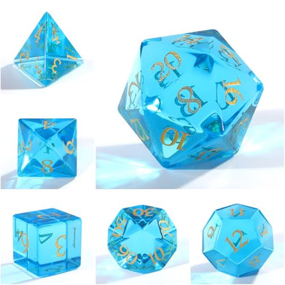 LUCKY-M 7-Piece Crystal Glass Polyhedral Dice Set with Case for Dungeons & Dragons, RPG Games - color: Blue Glass