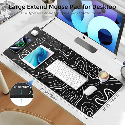 Magnetic Wireless Charging Mouse Pad, 31.5"x15.8" XXL Desk Mat | Gaming Mousepad, Ultra-Smooth Surface, Non-Slip Rubber Base, Waterproof Computer Keyboard Pad, Black and Topographic Line - color: Black and Topographic Line - 31.5"x15.7"