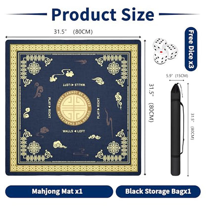 Mahjong Mat with Black Carrying Bag, 31.5"x31.5" Anti-Slip Noise Reduction Gaming Mat for Mahjong, Poker, Board Games, 3 Dice & Black Storage Bag - color: Navy Blue