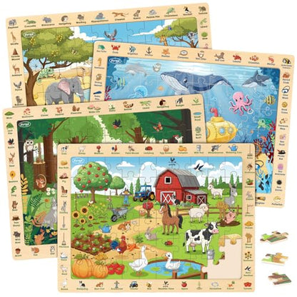 Joyreal Wooden Puzzles for Kids Ages 3-5 4-6, 4 x 60 Piece Puzzles | Match & Find, Educational Animal Learning Toys, Boys Girls Easter Birthday Gifts, Safari Ocean Farm Forest Activities
