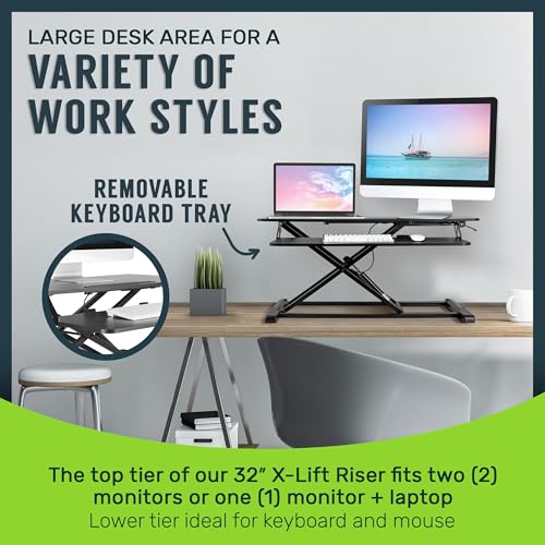 TechOrbits Standing Desk Converter - 32 Inch Adjustable Sit to Stand Up Workstation, Particle Board, Dual Monitor Desktop Riser with Keyboard Tray, for Home Office Laptop, Black 32" - size: 32" Particle Board