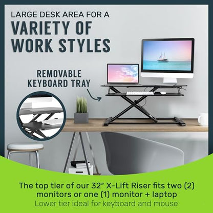 TechOrbits Standing Desk Converter - 32 Inch Adjustable Sit to Stand Up Workstation, Particle Board, Dual Monitor Desktop Riser with Keyboard Tray, for Home Office Laptop, Black 32" - size: 32" Particle Board
