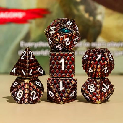 Metal Dice Set D&D,7 PCS Dragon Scale Metallic DND Dice Set,Dragon Eye Metal Dice with Grogeous Gift Case for Dungeons and Dragon Tabletop Game (Reddish Brown Dragon Scale & Cyan Eye) - color: Reddish Brown Dragon Scale & Cyan Eye