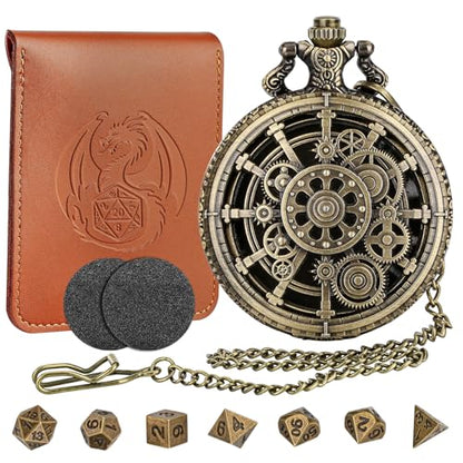 Bronze Hollow Gear Pocket Watch Shell Case with 7pcs Polyhedral Metal Dice, Steampunk Mini DND Dice Set, Table Top Game RPG Accessories, DND Starter Set, D&D Gifts with Leather Bag, Gift for Gamer - color: Bronze