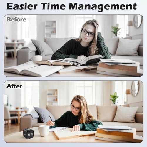 Pomodoro Timer Cube, Productivity Visual Timer Flip, 5/10/30/60 Min Preset Custom Countdown, ADHD Tool Rotating Countdown Stopwatch, Vibrate/High/Low Volume, for Study, Work, Game, Kitchen-Black - color: Black