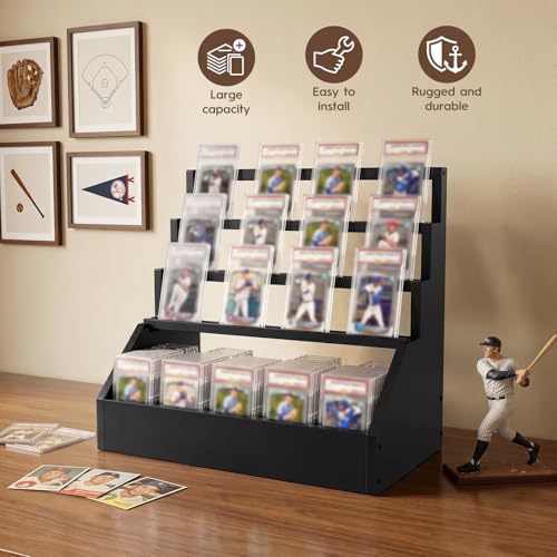 Trading Card Display Stand with 5-Row Storage，3-Tier Large Capacity Graded Card Display，Wooden Cards Display Stand for Soprts Cards Collection & Show