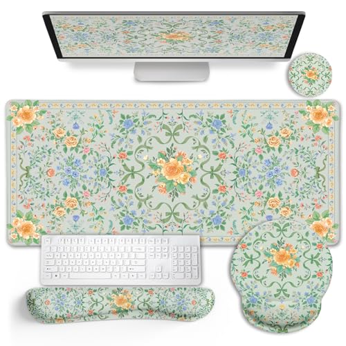 LIMKRIAN Floral Desk Mat Set, Cute Green Mouse Pad with Gel Wrist Rest | Ergonomic Shape Design, XXL Large Desk Pad Stitched Edges, Keyboard Wrist Support, Coaster, Desk Accessories Decor for Women - color: Bow Floral-green