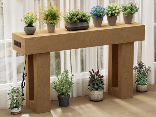 63 Inch Long Console Table w/Outlets & USB Ports, Narrow Rectangular Sofa Table Behind The Couch, Farmhouse Entryway Table for Entrance, Hallway, Living Room - color: Natural, style: With Socket
