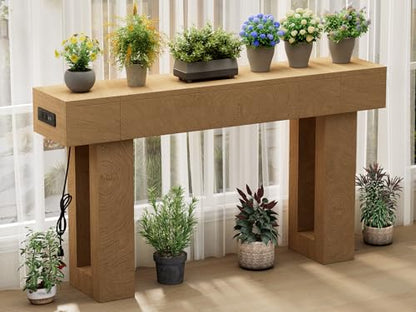 63 Inch Long Console Table w/Outlets & USB Ports, Narrow Rectangular Sofa Table Behind The Couch, Farmhouse Entryway Table for Entrance, Hallway, Living Room - color: Natural, style: With Socket
