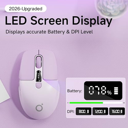 Wireless Bluetooth Mouse with Visible Battery & DPI Screen, Multi-Device BT & 2.4G Computer Mouse, 500 mAh Rechargeable, 1600DPI, Silent Portable Optical Mice for Laptop, PC, Mac, iPad - Purple - color: Purple