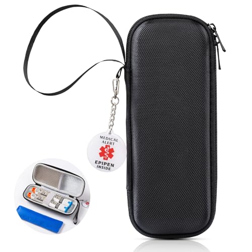 EpiPen Medical Carrying Case, Epi Pens Carrying Case for Travel, Medication Organizer Bag, Fits 2 EpiPens, Asthma Inhaler, Allergy Medicine, With Ice Pack, Programmable NFC Medical Warning Tags(Black) - color: Black