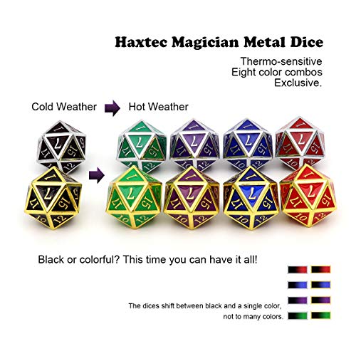Haxtec Color Changing Metal DND Dice Set Silver Black Green Color Shifting D&D Dice with Leather Dice Bag Compatible with Dungeons and Dragons TTRPG DND Gift - color: Silver Black Green