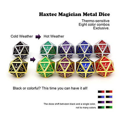 Haxtec Color Changing Metal DND Dice Set Silver Black Green Color Shifting D&D Dice with Leather Dice Bag Compatible with Dungeons and Dragons TTRPG DND Gift - color: Silver Black Green