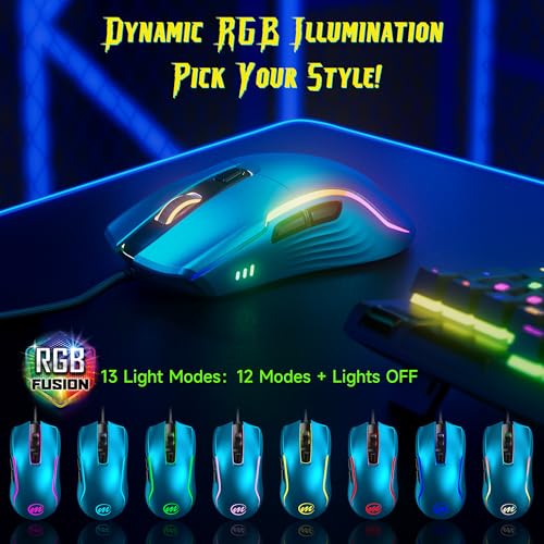 memzuoix Wired Gaming Mouse with RGB - 6 Adjustable DPI up to 12800, 6 Buttons, 12 Lighting Modes, Ergonomic Design with Anti-Slip Rubber Wheel, 5.6ft Braided Cable for PC/Mac/Windows - Blue - color: blue