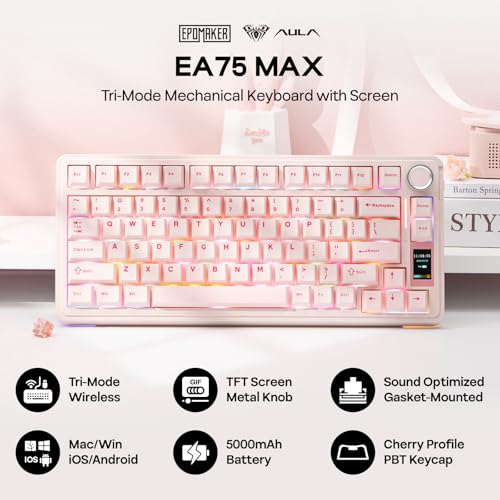 EPOMAKER X Aula EA75 MAX Wireless Gaming Keyboard with Screen & Knob | 5000mAh, Hot-Swap, Lubed Switches, RGB Backlit, Creamy Gasket, 75% Mechanical Keyboard (Pink, Silent Cotton Candy Switch) - color: Pink, size: Silent Cotton Candy Switch