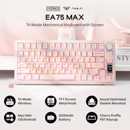 EPOMAKER X Aula EA75 MAX Wireless Gaming Keyboard with Screen & Knob | 5000mAh, Hot-Swap, Lubed Switches, RGB Backlit, Creamy Gasket, 75% Mechanical Keyboard (Pink, Silent Cotton Candy Switch) - color: Pink, size: Silent Cotton Candy Switch