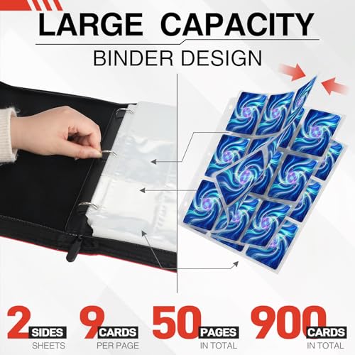 9 Pocket Trading Card Binder, 900 Cards Zip Album, Red | 50 Pcs Double Sided Sleeves, 3 Rings, Card Organizer for Baseball, Football, Basketball, Sports, Game Cards - color: Red