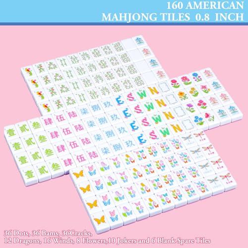 Soulchen Mini American Mahjong Tile Set Include 160 0.8 Inch Mahjong Tiles 2 Dice 4 Wooden Rulers 1 Accessory Bag 4 Beginner Rule Cards (Butterfly & Floral) - style: Butterfly & Floral