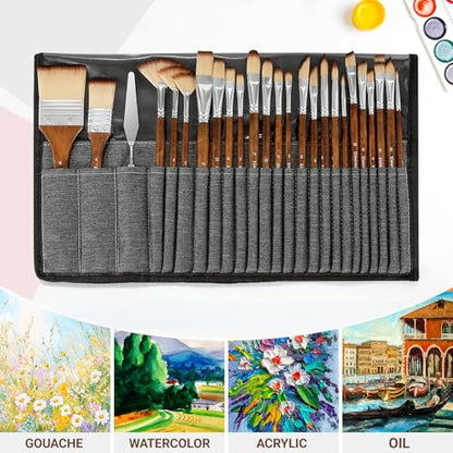 25pcs Paint Brush Set, Professional Paint Brush Set with Cloth Roll and Paint Spatula, Nylon Brushes for Acrylic Painting,Watercolor,Oil,Gouache, Art Supplies for Beginners and Artists (Wood)