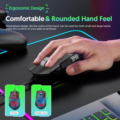 PUSOKEI RGB Gaming Mouse, 11 Programmable Buttons 7 RGB Lighting Modes Ergonomic Design, with 1200 to 12400 DPI 1000Hz Polling Rate and 20 Macro Slots, for PC Computer Gaming