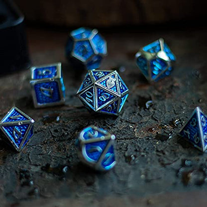 HEIMDALLR Metal DND Dice Set 7 pcs - Dragonhide Design, 16mm Size, Logo on D20; Metal Dice Set & Dice Box; D&D Dice Set D&D (Dungeons and Dragons Dice Set) - Jormungandr Series (Frosteater) - color: 22 Frosteater