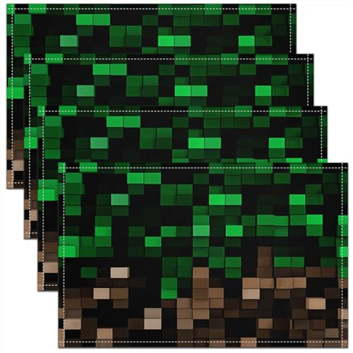Miners Pixel Checked Kids Placemats Set of 4,Video Games Check Lattice Table Place Mats,Game Cartoon Gamepad Kitchen Decor,Green Brown Placemat Kitchen Table Decoration 12"x18" - color: A-green Brown