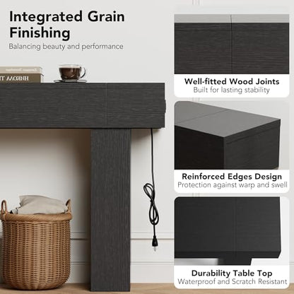 63 Inch Long Console Table w/Outlets & USB Ports, Narrow Rectangular Sofa Table Behind The Couch, Farmhouse Entryway Table for Entrance, Hallway, Living Room(Black with Outlet) - color: Black, style: With Socket