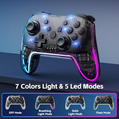 Wireless Pro Ergonomic Controller for Switch/PC/iOS/Andorid | Compatible with Lite/OLED/. 7-Color RGB Lighting, Turbo/Vibration Adjustment, 10H Battery life, One-Key Wake-Up. - color: TransparentBlack