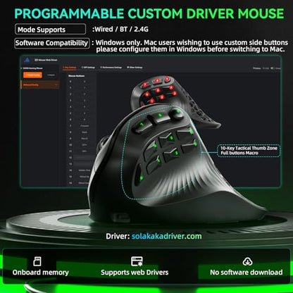 SOLAKAKA E9 Vertical MMO Gaming Mouse,24800 DPI,Tri-Mode Ergonomic Wireless Mouse with 10 Side Buttons,RGB Mouse for PC/Mac Black