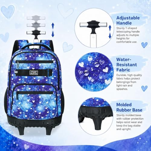 3Pcs Rolling Backpack for Girls Women, Travel Roller Backpacks with Wheels for Adults, Teens College Love Polka Dots Wheeled Bookbag with Lunch Box(Blue) - color: Blue
