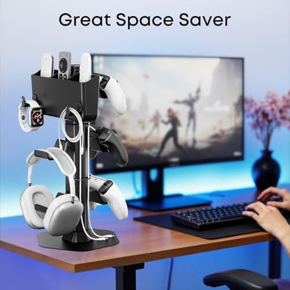 Headphone and Controller stand, Headphone Stand for Desk, PS5/PS4/Xbox/Switch Game Controller Holder, Gaming Headset Stand with Storage Box and Two Hooks for Remote Control Watch, Sega Genesis Consoles