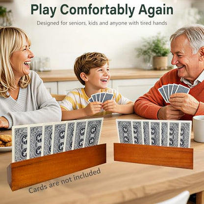 Wooden Playing Card Holders for Seniors, 4 Pack Card Holder Trays for Playing Cards, 10" Hands-Free Card Holders with 4 Slots for Adults, Kids, Arthritis Hands, Bridge, Poker, Canasta, Game Night