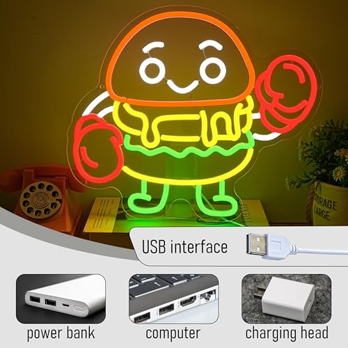 Boxing Hamburger Neon Sign Dimmable Food Burger Neon Light Hamburg Boxing Led Light Sign for Wall Decor Business Restaurant Bar Party Snack(12.6 * 14.96In) - style: Boxing Hamburger