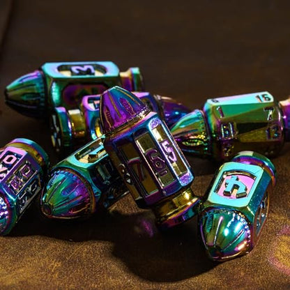 UDIXI Metal DND Bullet Dice Set, Polyhedral Bullet Metal Dice Set Rainbow | 7PCS, Cool Style, Magazines Container and PU Leather Bag, for D&D Dungeons and Dragons Role Playing Games and Tabletop Games - color: Colorful