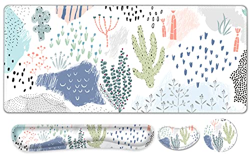 Large Gaming Mouse Pad Set, 4 in 1 Extended Keyboard Desk Mat with Wrist Rest, PC Computer Game Mousepad Set, Non-Slip Desk Pad Protector Easy Typing Pain Relief for Home Office I Cactus Plants - color: Cactus Plants