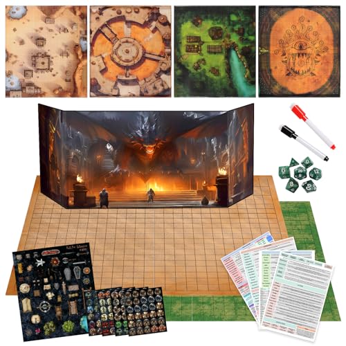 CZYY RPG Starter Set, Foldable Battle Mat, DM Screen, Game Tokens & Dice | 2-Sided Wet & Dry Erase Terrain Map, Scenery Pieces & Marker Pens, DND Starter Accessories, Gift for Player & Dungeon Master