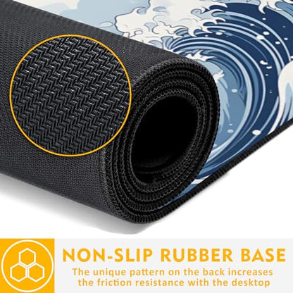 Mountain Gaming Mouse Pad,Japanese Blue and White Sea Wave Desk Mat,31.5""X15.7"" Large Desk Pad with Stitched Edge Non-Slip Base Keyboard Big Mouse Pad for Office Home Work Gaming, WDQ-D05 - color: Japanese Sea Wave