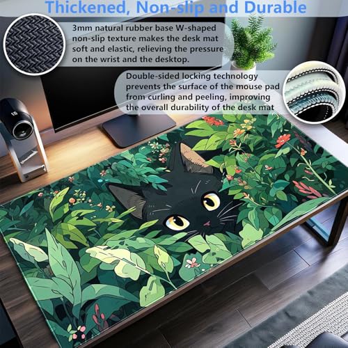 Cute Black Cat Desk Mat, Anime Green XXL Large Gaming Mouse Pad | Kawaii botanical black cat desk pad with soft 3mm cushion, smooth cloth top, and steady non-slip rubber core. - color: Black Cat