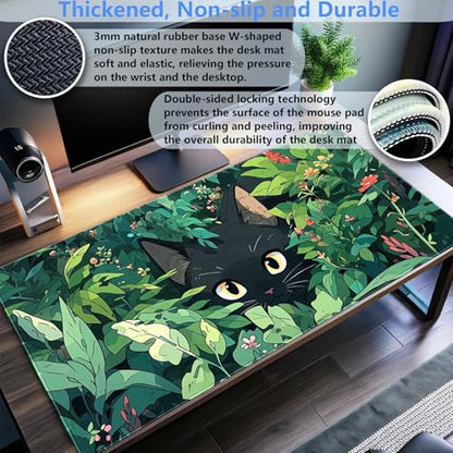 Cute Black Cat Desk Mat, Anime Green XXL Large Gaming Mouse Pad | Kawaii botanical black cat desk pad with soft 3mm cushion, smooth cloth top, and steady non-slip rubber core. - color: Black Cat